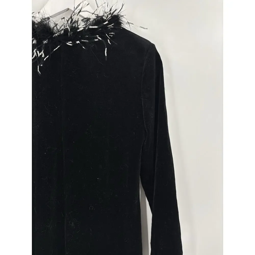 Jackie Jon Vintage Cardigan Sweater Womens Medium Black Velvet Feather Collared